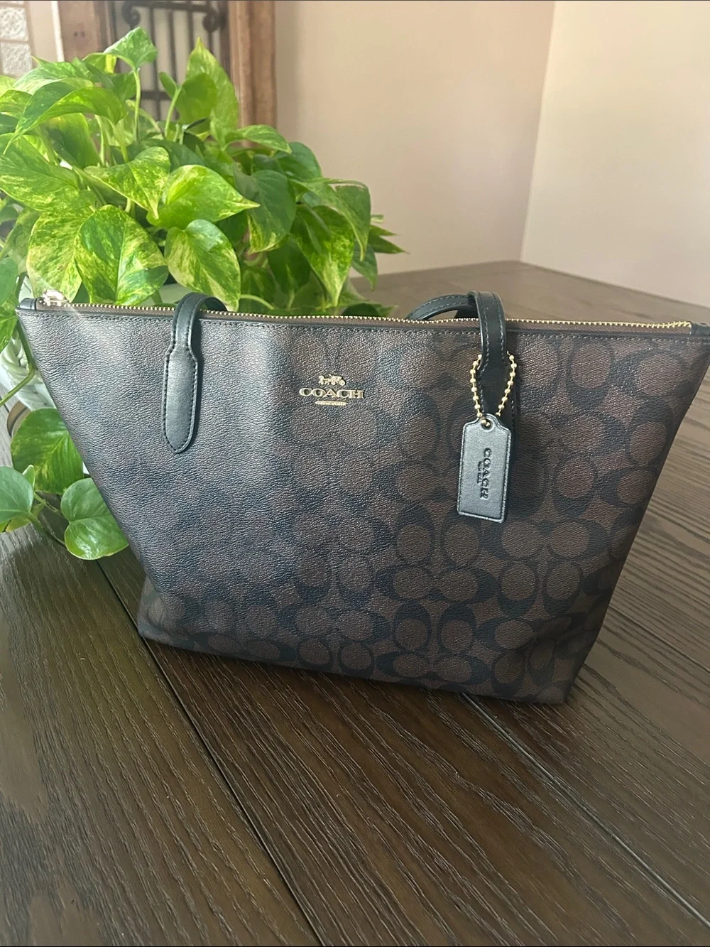 Coach Zip Tote Signature Canvas Leather Trim